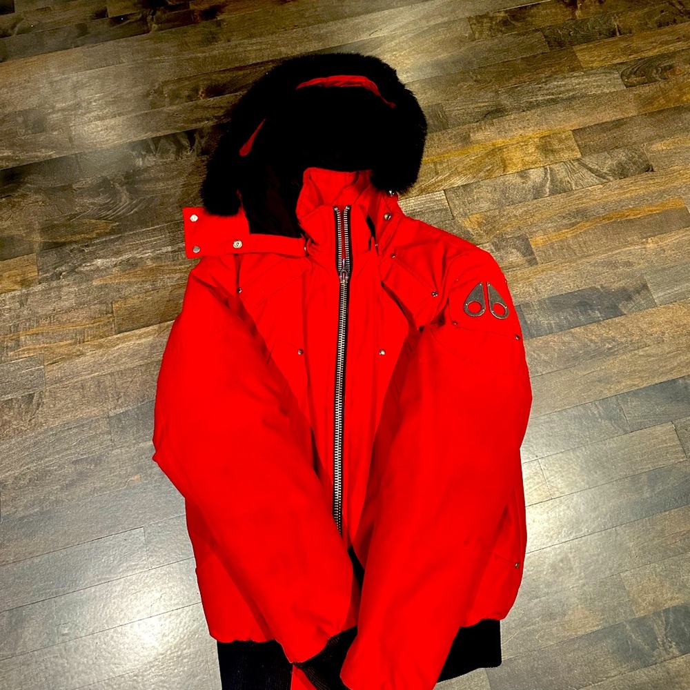 Moose knuckles red ballistic bomber jacket